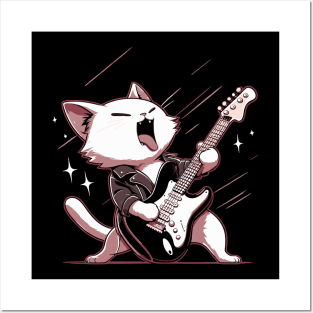 Funny Kawaii Cat Playing on electric guitaR Posters and Art